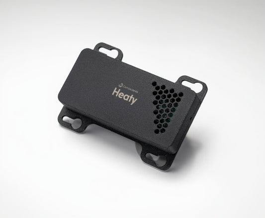 A black 3D-printed electronic for controling camper van heaters with the 'Heaty' logo printed in white on the top surface, shown on a clean white background.