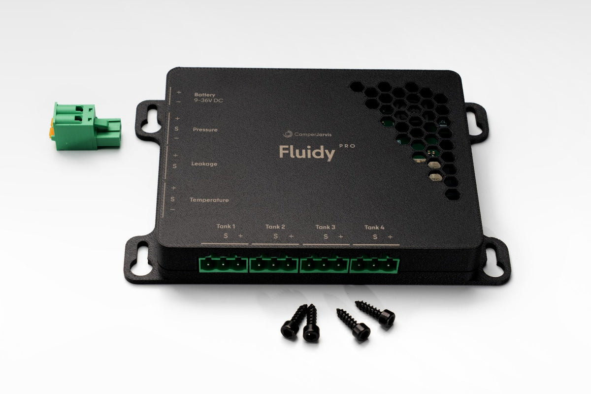 Fluidy von Camper Jarvis mit Anschlussstecker für die Spannungsversorgung und Befestigungsschrauben