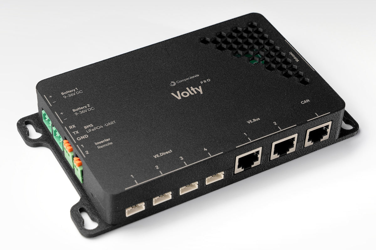 Volty Pro: Anschlüsse für zwei Batterien, BMS, Wechselrichter, VE.Direct, VE.Bus und CAN